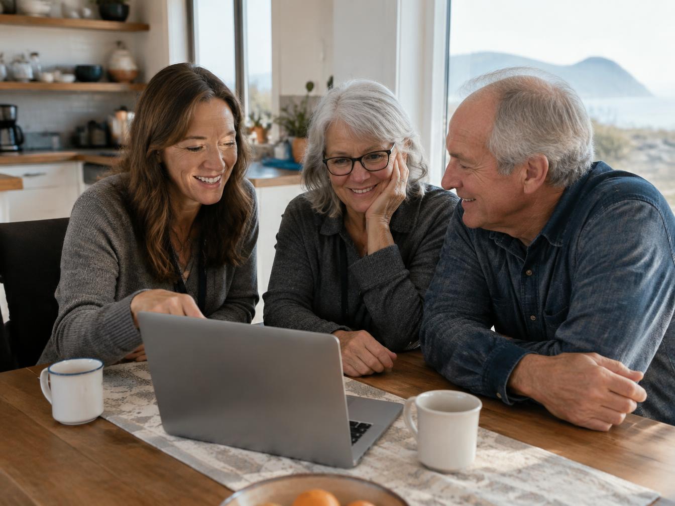 Jolene helping a couple with their laptop at their kitchen table
